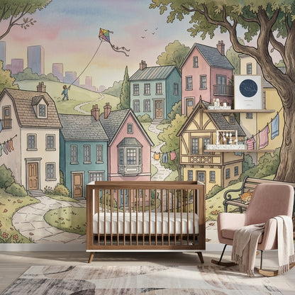 Pastel Village Wallpaper Landscape Illustration Cozy Neighborhood Removable Wall Decor