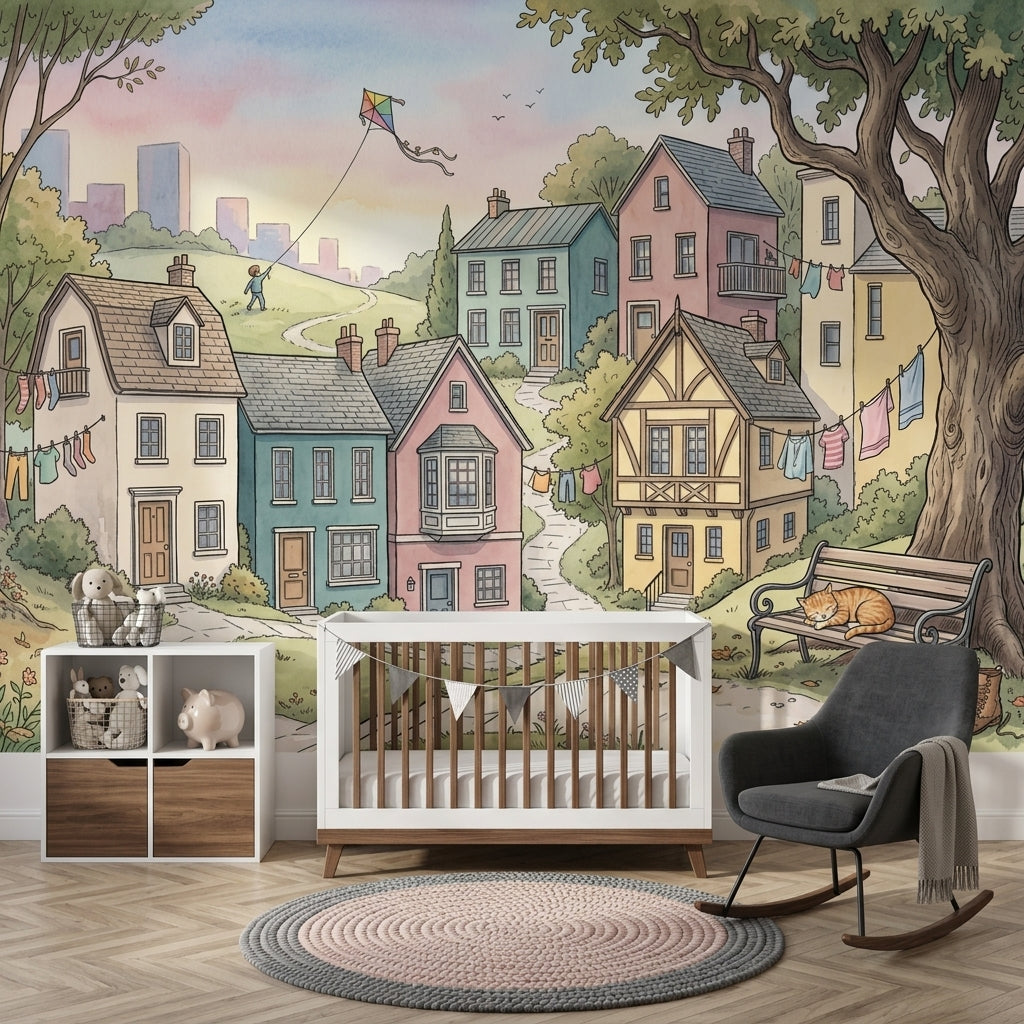 Pastel Village Wallpaper Landscape Illustration Cozy Neighborhood Removable Wall Decor