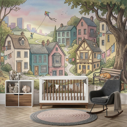 Pastel Village Wallpaper Landscape Illustration Cozy Neighborhood Removable Wall Decor