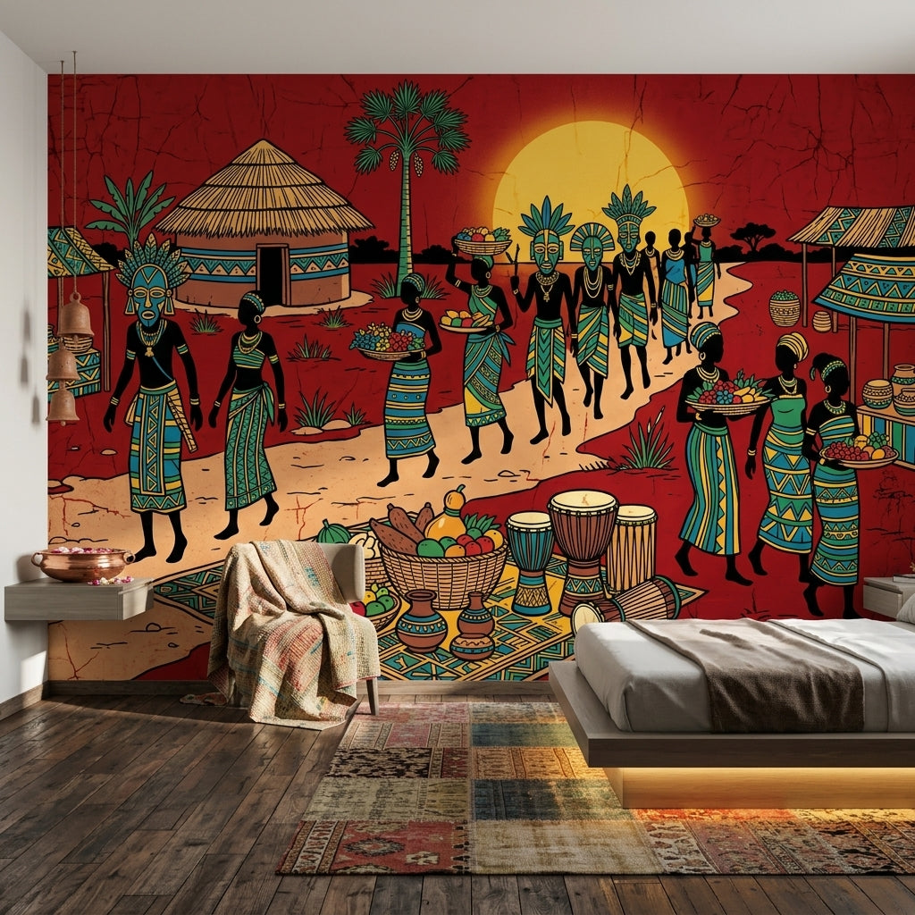 African Village Wallpaper Market Scene Sunset Wall Mural
