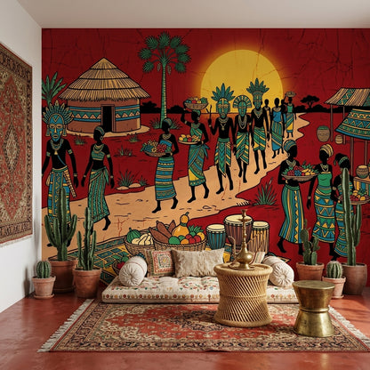 African Village Wallpaper Market Scene Sunset Wall Mural
