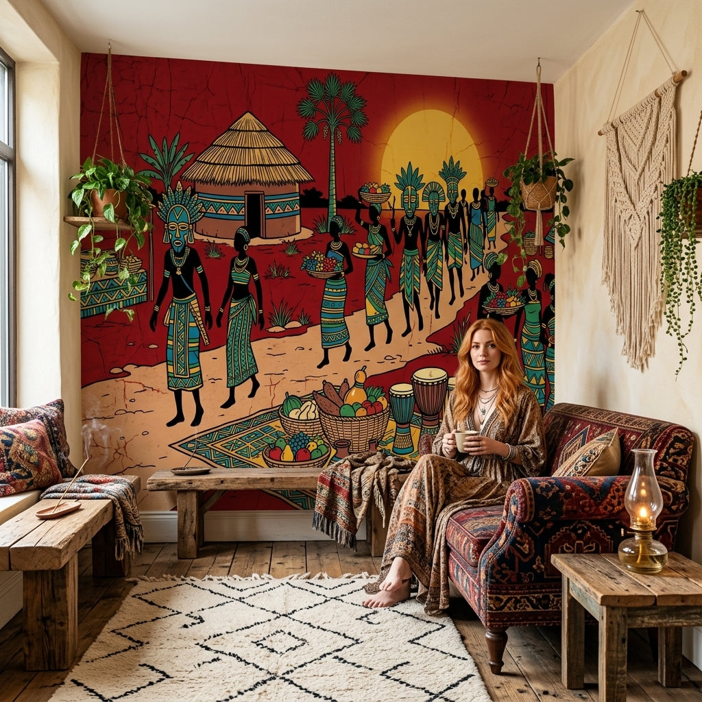 African Village Wallpaper Market Scene Sunset Wall Mural