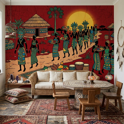 African Village Wallpaper Market Scene Sunset Wall Mural