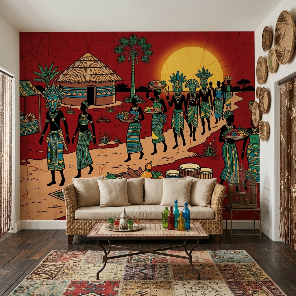 African Village Wallpaper Market Scene Sunset Wall Mural