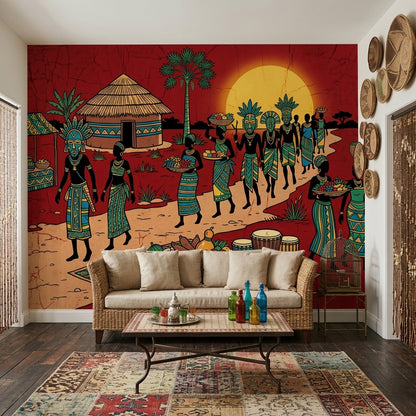 African Village Wallpaper Market Scene Sunset Wall Mural