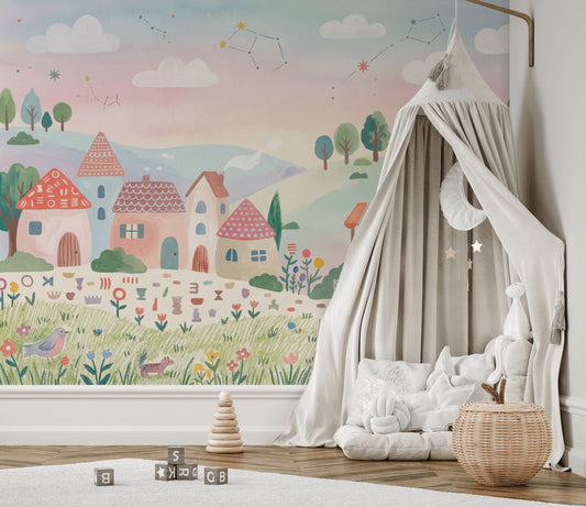 Pastel Landscape Wallpaper Storybook Village Watercolor Illustration Removable Wall Decor