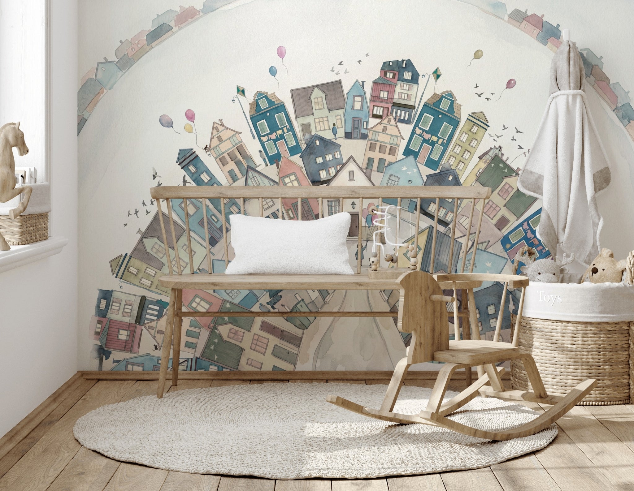 Whimsical Town Wallpaper Circular Village Removable Pastel Houses Wall Decor