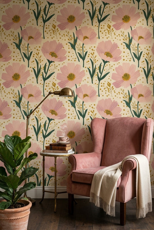 Floral Wallpaper Pink Blossoms Cream Background Removable Wall Decor