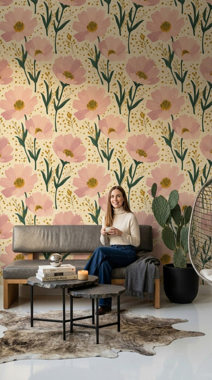 Floral Wallpaper Pink Blossoms Cream Background Removable Wall Decor