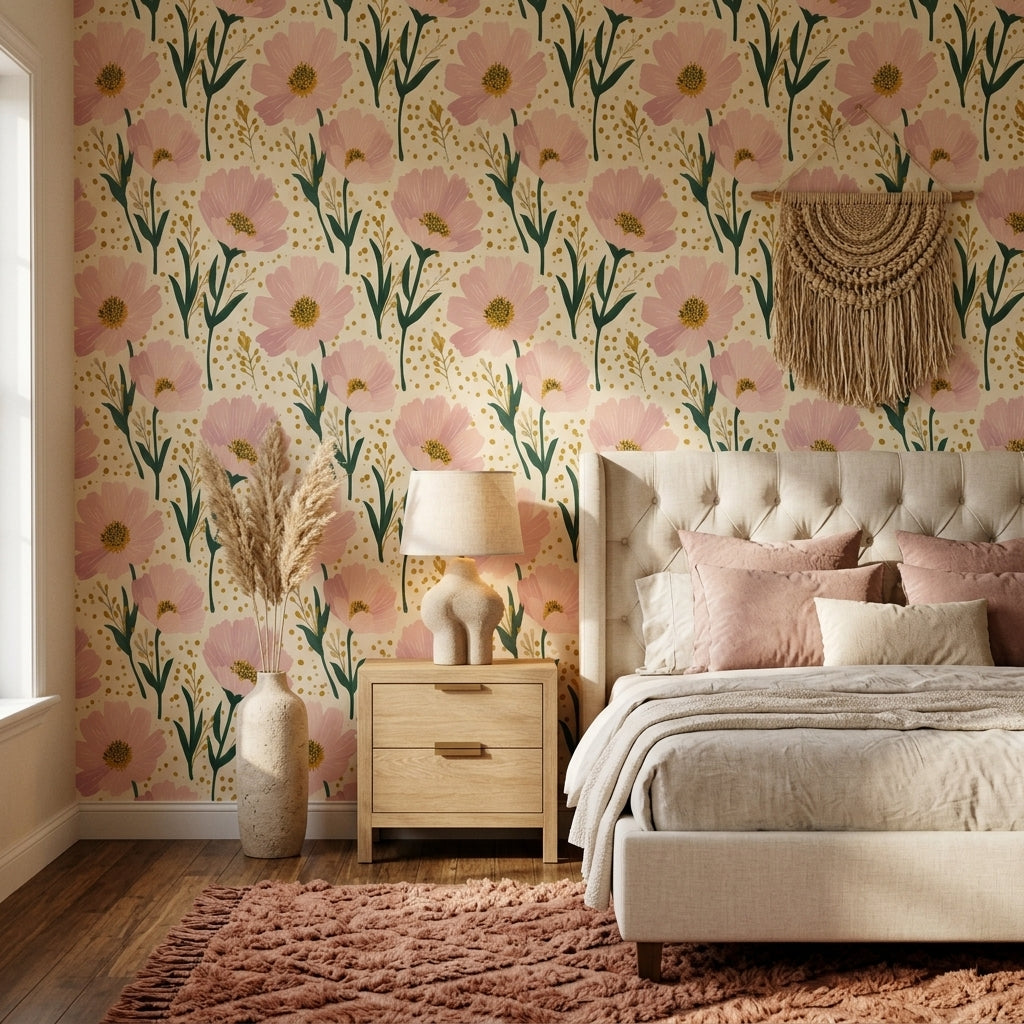Floral Wallpaper Pink Blossoms Cream Background Removable Wall Decor