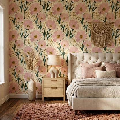 Floral Wallpaper Pink Blossoms Cream Background Removable Wall Decor