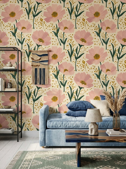 Floral Wallpaper Pink Blossoms Cream Background Removable Wall Decor