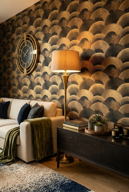 Art Deco Wallpaper Black And Gold Removable Scallop Arches Wall Decor