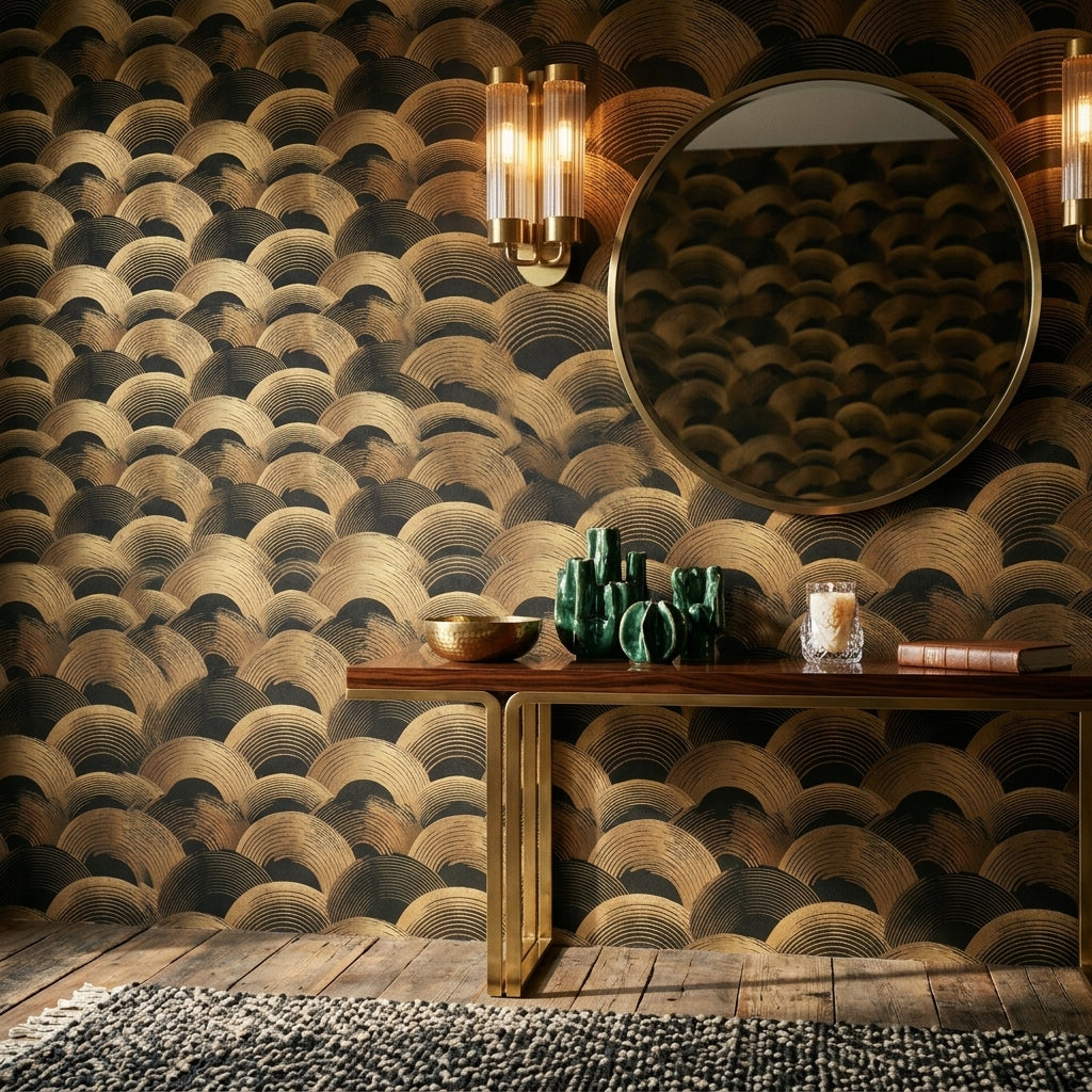 Art Deco Wallpaper Black And Gold Removable Scallop Arches Wall Decor