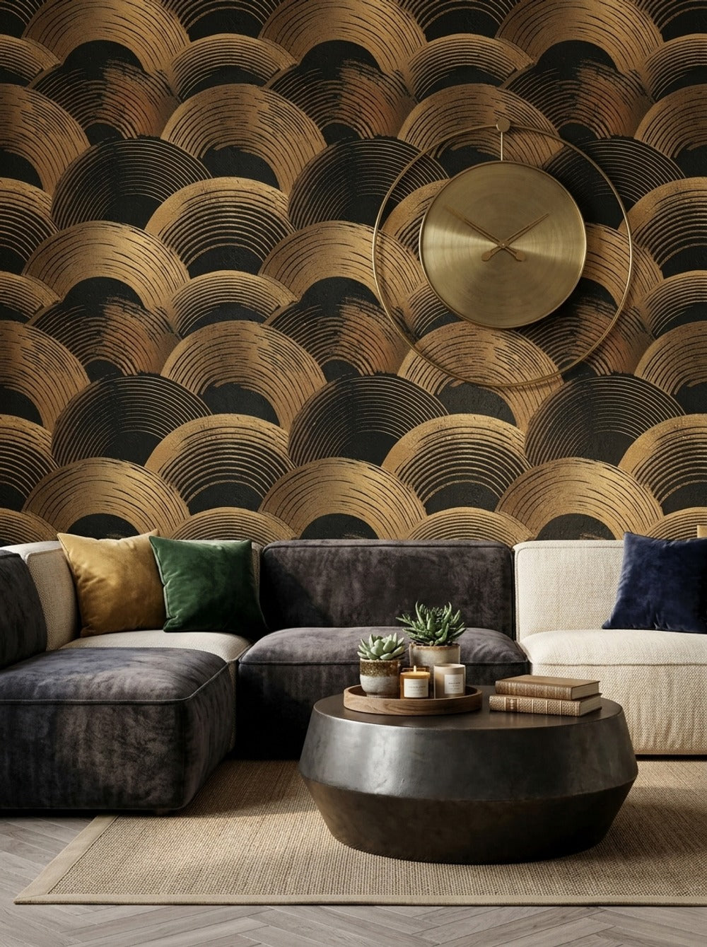 Art Deco Wallpaper Black And Gold Removable Scallop Arches Wall Decor