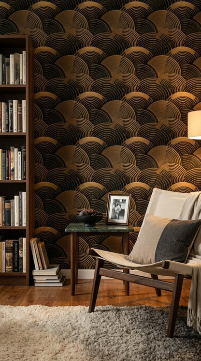 Art Deco Wallpaper Geometric Arcs Metallic Texture Removable Wall Decor