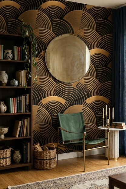 Art Deco Wallpaper Geometric Arcs Metallic Texture Removable Wall Decor