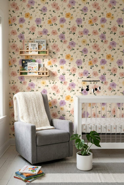 Pastel Floral Wallpaper Cream Background Removable Watercolor Flowers Wall Decor