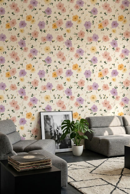 Pastel Floral Wallpaper Cream Background Removable Watercolor Flowers Wall Decor