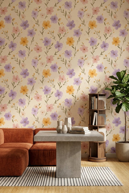 Pastel Flowers Wallpaper Cream Background Watercolor Decorative Mural