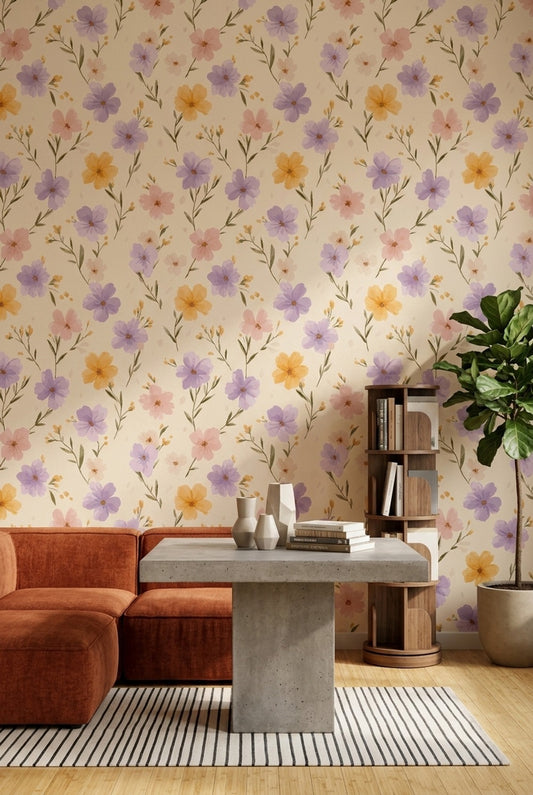 Pastel Flowers Wallpaper Cream Background Watercolor Decorative Mural