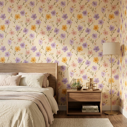 Pastel Flowers Wallpaper Cream Background Watercolor Decorative Mural