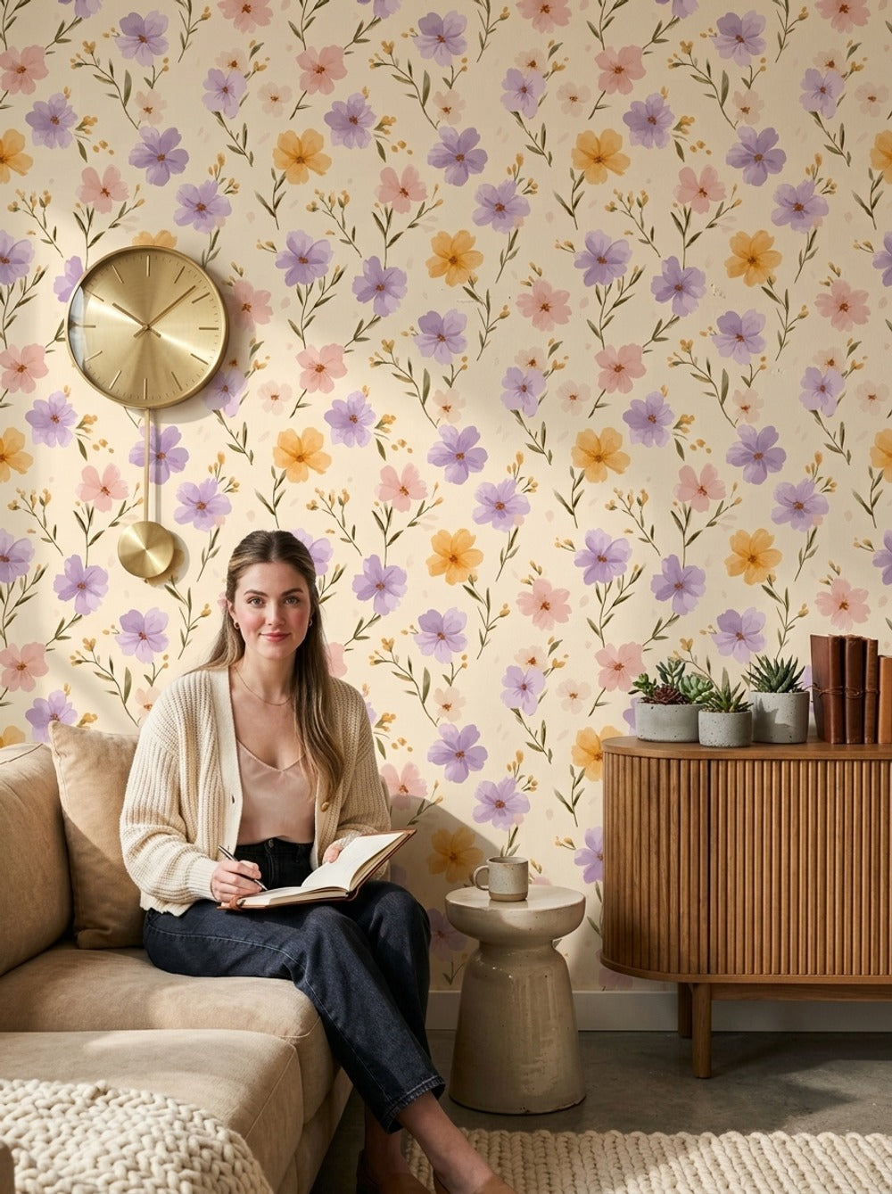 Pastel Flowers Wallpaper Cream Background Watercolor Decorative Mural