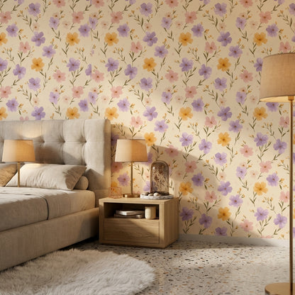 Pastel Flowers Wallpaper Cream Background Watercolor Decorative Mural