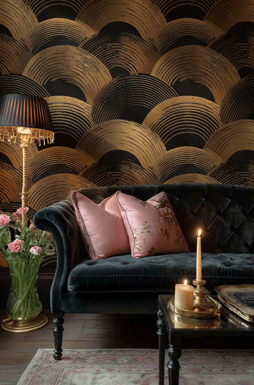 Art Deco Wallpaper Black And Gold Removable Scallop Arches Wall Decor