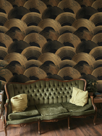 Art Deco Wallpaper Black And Gold Removable Scallop Arches Wall Decor