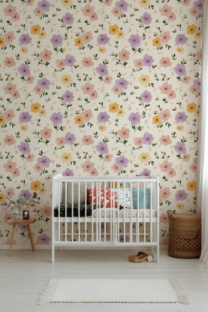 Pastel Floral Wallpaper Cream Background Removable Watercolor Flowers Wall Decor
