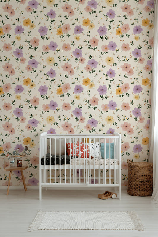 Pastel Floral Wallpaper Cream Background Removable Watercolor Flowers Wall Double Roll