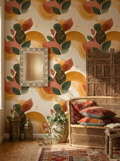 Botanical Leaves Wallpaper Abstract Circles Removable Mid Century Inspired Wall Decor