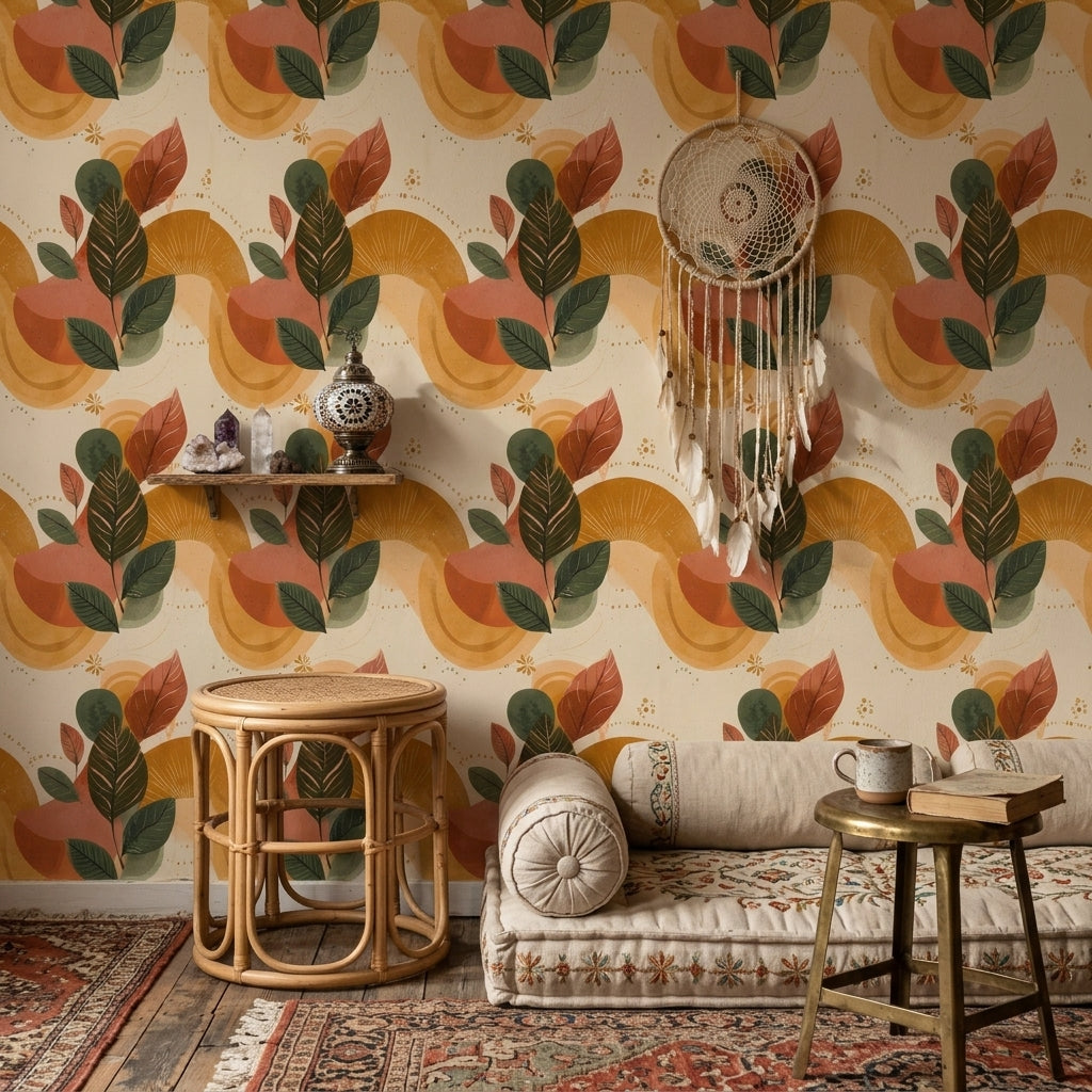Botanical Leaves Wallpaper Abstract Circles Removable Mid Century Inspired Wall Decor