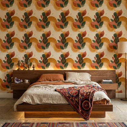 Botanical Leaves Wallpaper Abstract Circles Removable Mid Century Inspired Wall Decor