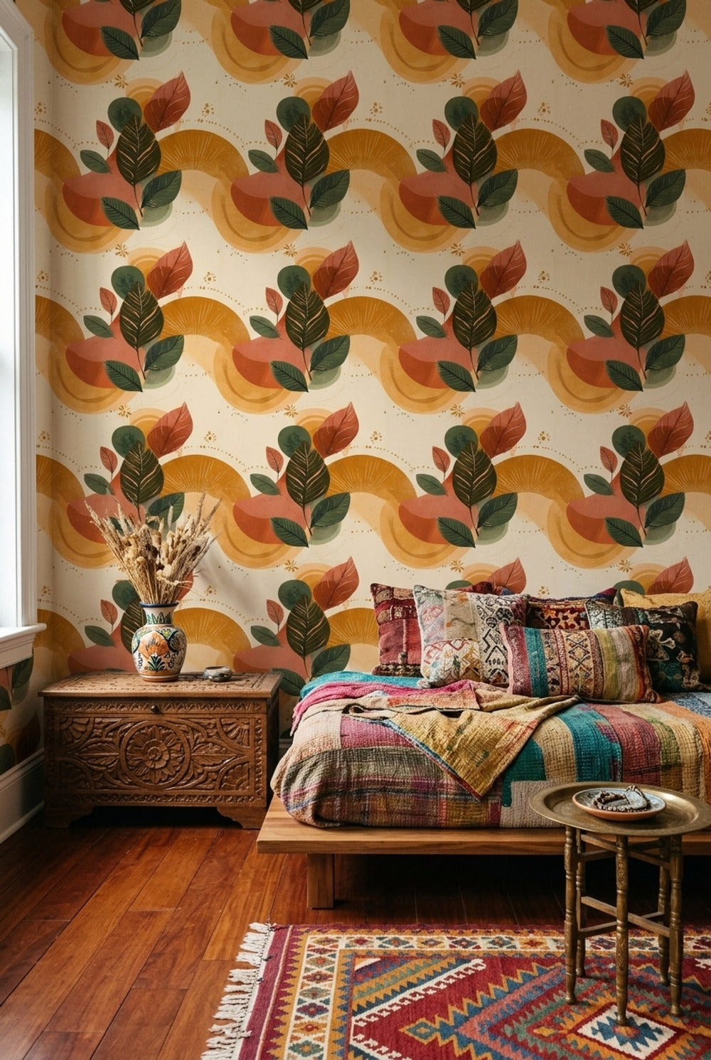 Botanical Leaves Wallpaper Abstract Circles Removable Mid Century Inspired Wall Decor