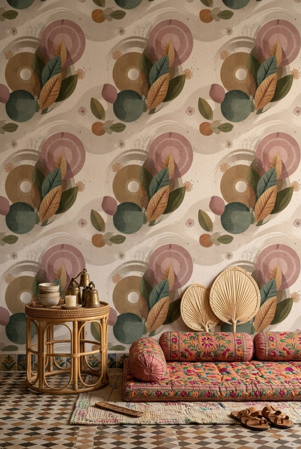 Retro Abstract Wallpaper Geometric Leaves Pattern Wall Mural