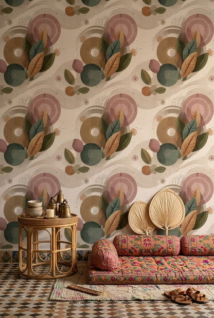 Retro Abstract Wallpaper Geometric Leaves Pattern Wall Mural
