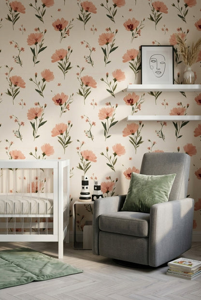 Floral Wallpaper Peach Pink Flowers Cream Background Decorative Mural