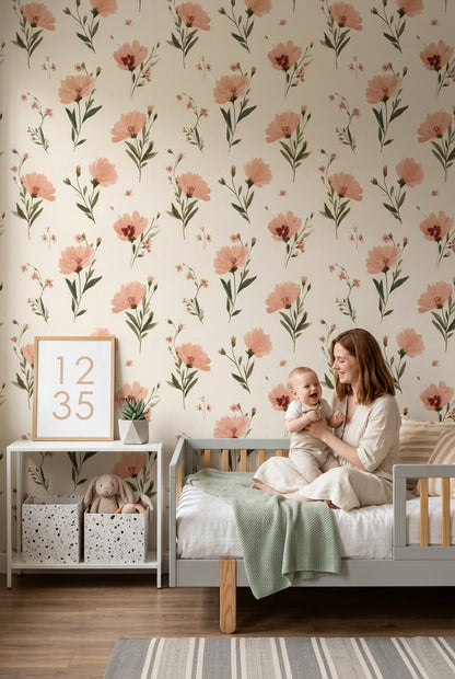 Floral Wallpaper Peach Pink Flowers Cream Background Decorative Mural