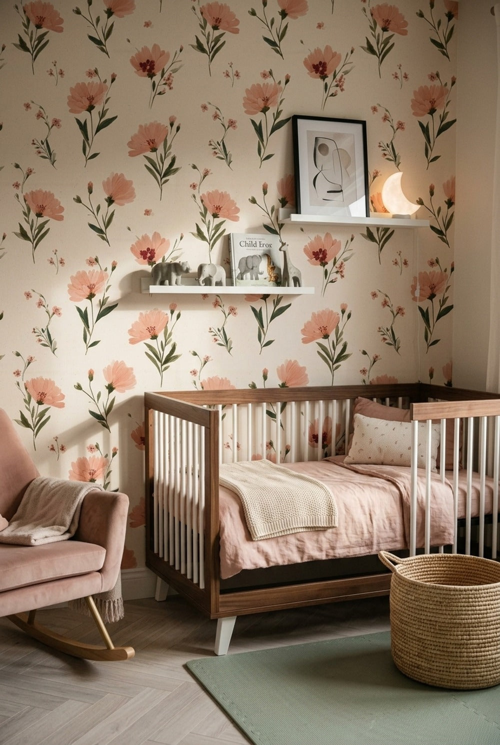 Floral Wallpaper Peach Pink Flowers Cream Background Decorative Mural