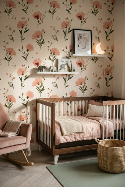 Floral Wallpaper Peach Pink Flowers Cream Background Decorative Mural