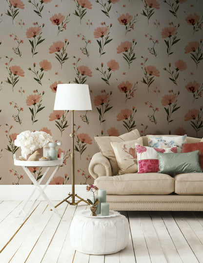 Floral Wallpaper Peach Pink Flowers Cream Background Decorative Mural