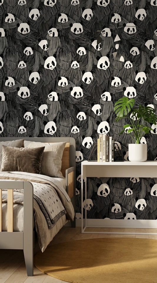 Panda Wallpaper Black And White Removable Repeating Pattern Wall Double Roll