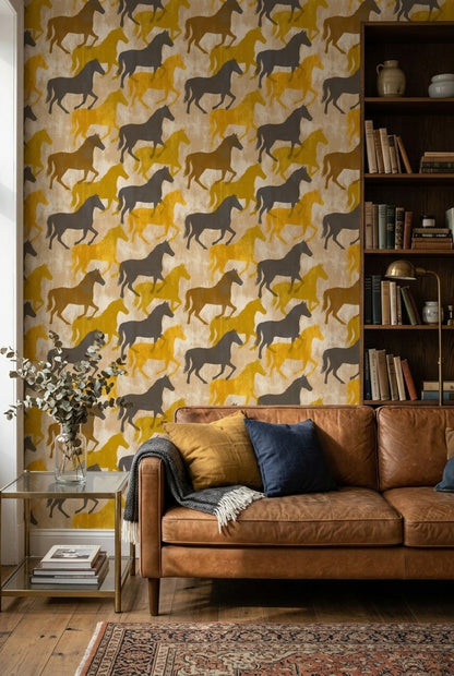 Horse Silhouettes Wallpaper Mustard Yellow Removable Distressed Texture Wall Decor