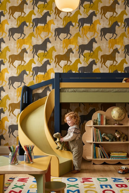 Horse Silhouettes Wallpaper Mustard Yellow Removable Distressed Texture Wall Decor