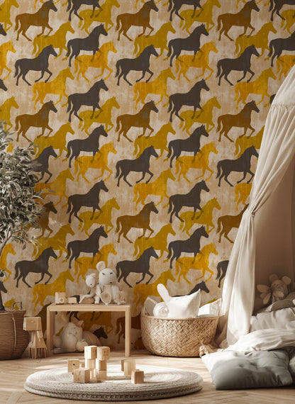 Horse Silhouettes Wallpaper Mustard Yellow Removable Distressed Texture Wall Decor