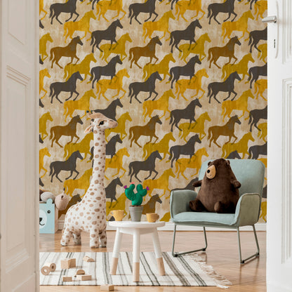 Horse Silhouettes Wallpaper Mustard Yellow Removable Distressed Texture Wall Decor