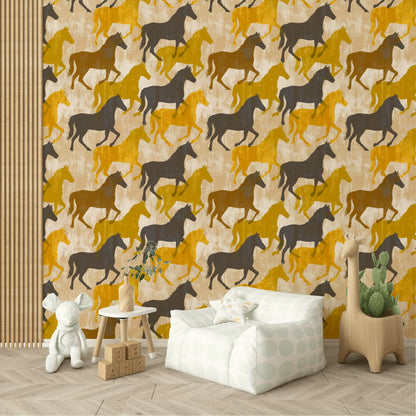 Horse Silhouettes Wallpaper Mustard Yellow Removable Distressed Texture Wall Decor
