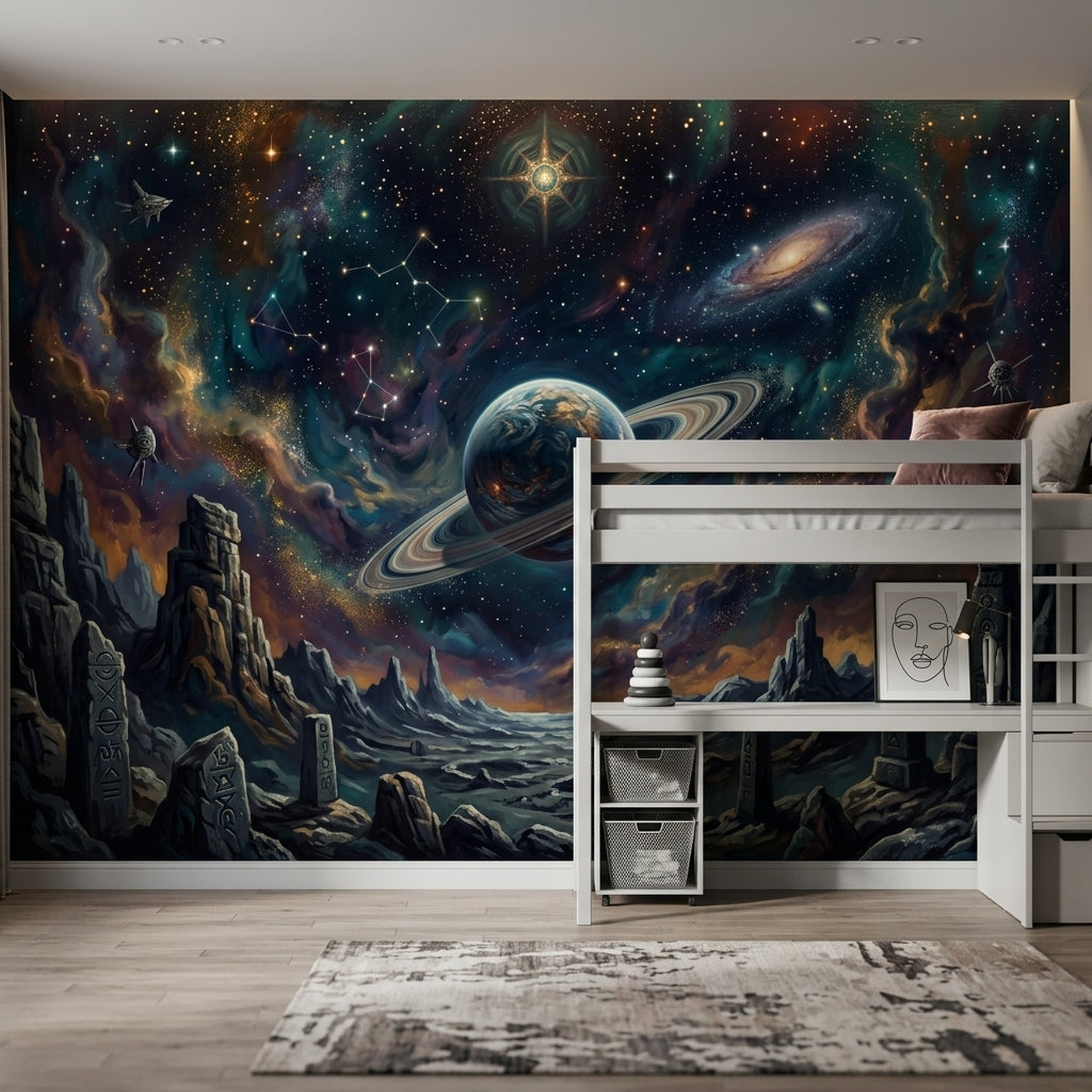 Space Landscape Wallpaper Ringed Planet Removable Nebula Wall Decor